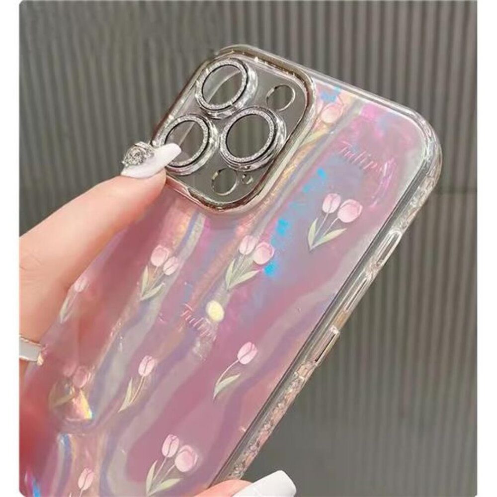 Iphone 16 16 Pro 16 Pro Max Cute Pink Tulip Floral Glitter Protective Cover - Picture 3 of 6
